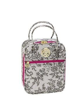 Macbeth Collection White Lace Print Lunch Tote W/ Fuchsia Zipper Accents
